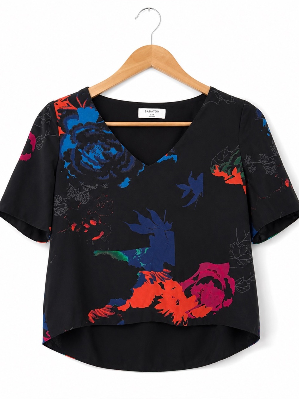 Babaton Dark Floral Cropped Blouse XXS | Silky Boxy Top Minimalist Chic